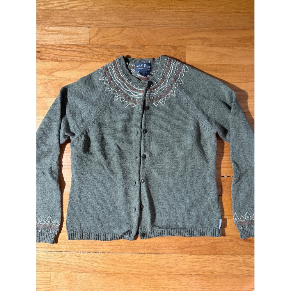Woolrich Laurel Sage Green Embroidered Yoke Button Front Cardigan Sweater Small